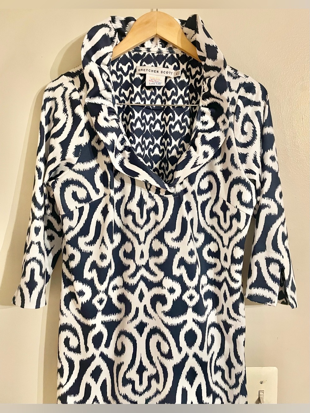 Gretchen Scott Designs Navy and White Printed Cowl Neck Dress - Picture 4 of 11